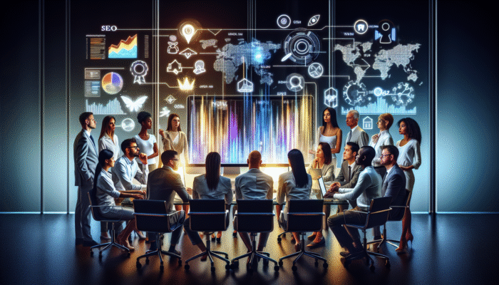 A team of professionals analysing SEO analytics on a computer screen in a contemporary office setting.