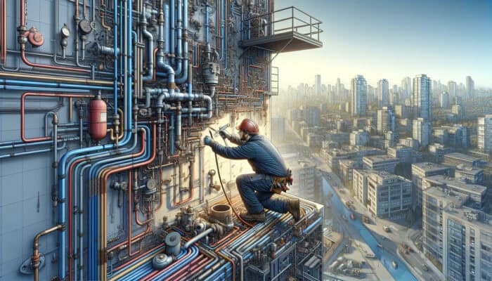 A local plumber installs a customized plumbing system in a Vancouver commercial building, ensuring compliance and climate adaptability.