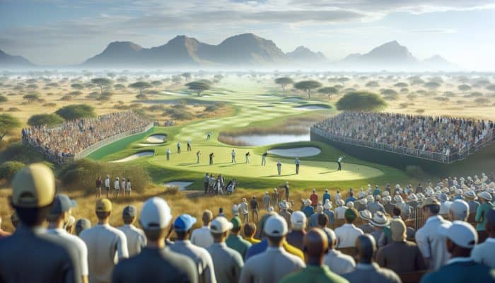 Golf tournament in South Africa with players from Sunshine Tour and South African Open on a lush course.