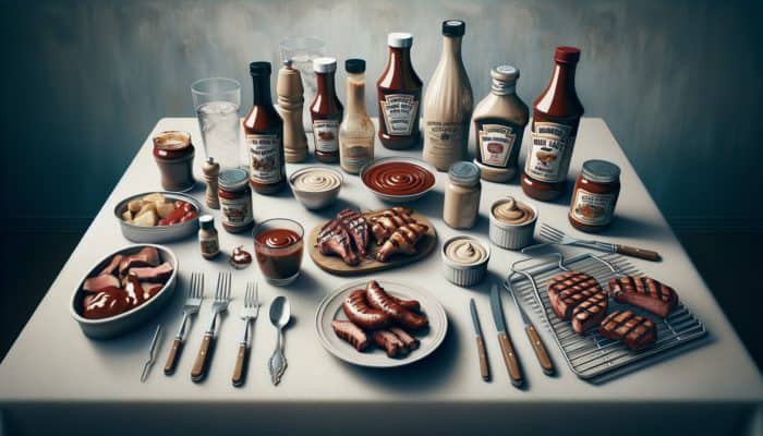A table showcasing Kansas City BBQ sauce in a jar, Alabama white sauce in a bowl, and a custom BBQ sauce in a bottle, with grilling tools and meats.