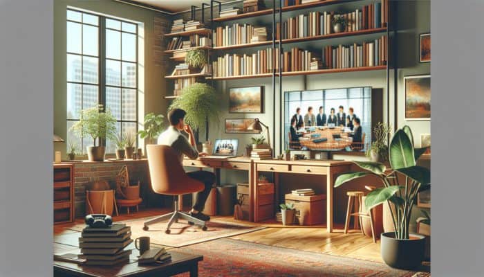 A person working from home in a cozy, well-lit apartment, on a video call with experts discussing lockdown thriving strategies.