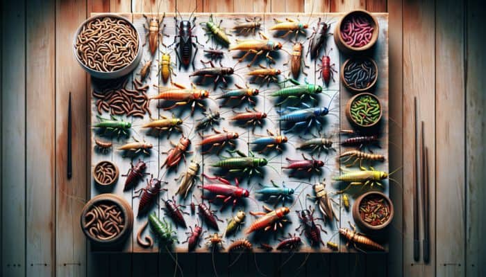 Edible Insects Guide: Diverse edible insects like crickets, mealworms, grasshoppers displayed on a rustic table, showcasing a sustainable protein source.