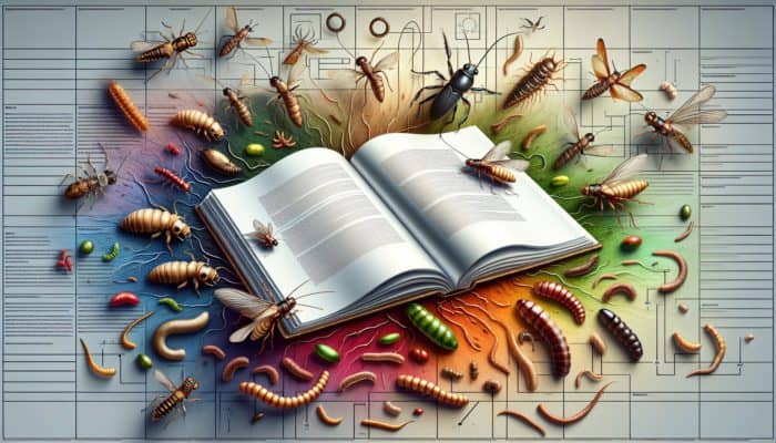 Illustration of edible insects including crickets, mealworms, and ants, featuring expert annotations and charts.