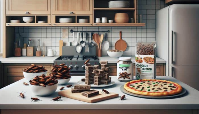 Modern kitchen scene showcasing insect-based snacks and dishes like pasta and pizza with mealworms, highlighting insect integration into everyday meals.