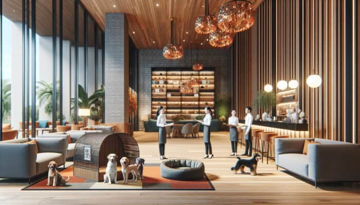 A comfortable hotel lobby with a pet-friendly area, including a pet spa and dog beds, while staff engage with guests and their pets.