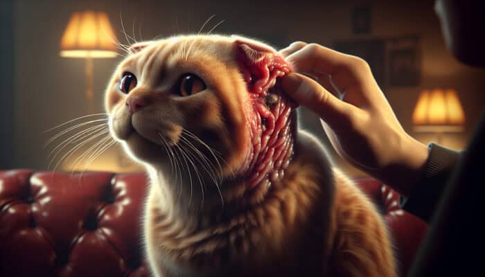 Scottish Fold cat with red, swollen ears, scratching, showing ear mites and wax buildup in a cozy room.