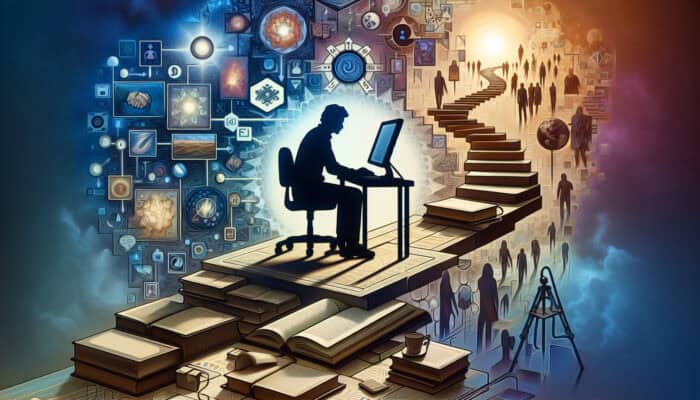 A person researching a niche on a computer, surrounded by books and notes, with a path to training and networking events.