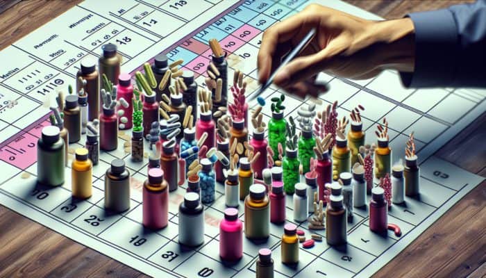 How to Cycle Supplements Safely: A person adjusting supplement intake with bottles and calendar to cycle usage and minimise side effects.