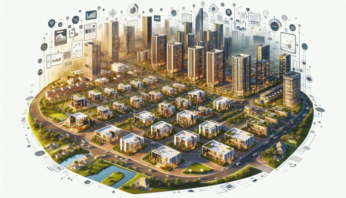 Aerial view of modern entry-level homes near public transport in Mthatha, surrounded by lush greenery.