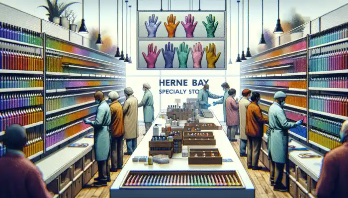 Shelves of premium latex gauntlet gloves in various thicknesses and chemical resistances, staff demonstrating fit to customers.