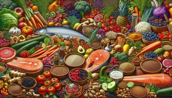 A UK kitchen counter adorned with salmon, colourful vegetables, berries, quinoa, nuts, seeds, turmeric, and ginger.