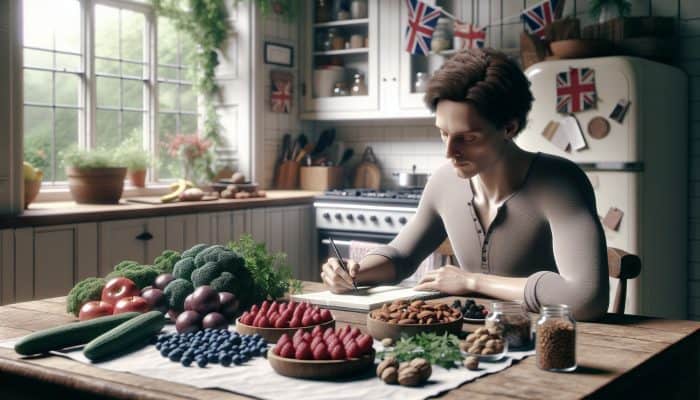 A person in the UK documenting a food diary at a kitchen table, surrounded by healthy anti-inflammatory foods like berries, nuts, and leafy greens.