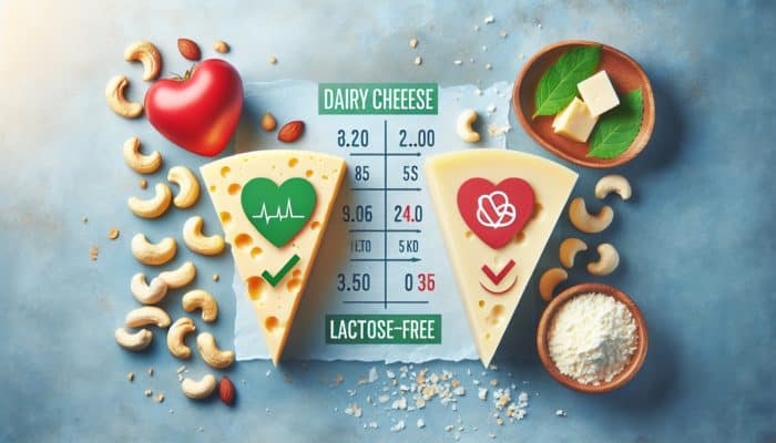 Chart comparing vegan cashew cheese and dairy cheese nutrition, showing lower saturated fat and cholesterol in vegan option.
