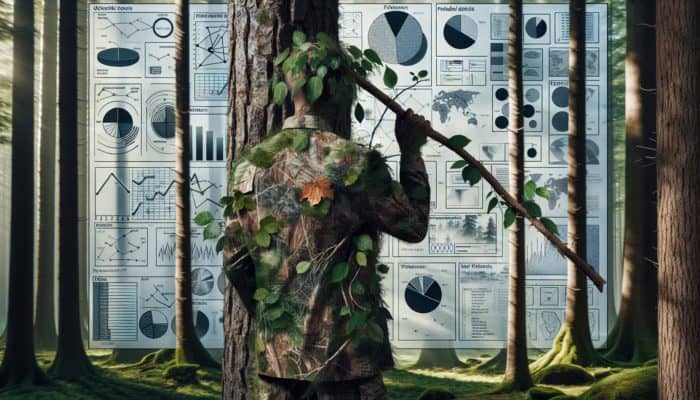 A person using camouflage to blend into a forest, creating a distraction with a moving branch.