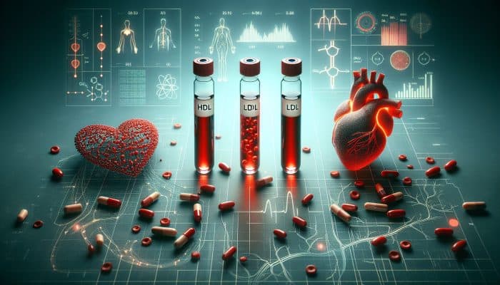 Cholesterol Blood Test in Bletchley: Illustration of a cholesterol blood test with labelled vials of HDL, LDL, triglycerides, and cardiovascular system diagram.