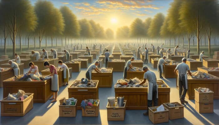 A team sorting a deceased person's belongings in a sunlit home, categorising items for bereavement clearance.