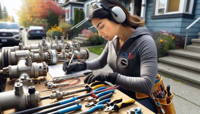 A technician in Kitsilano maintaining natural gas lines with tools in a clean, organized environment under various weather conditions.