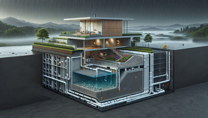 Cross-section of a perimeter drainage system around a building in Port Coquitlam during heavy rain.