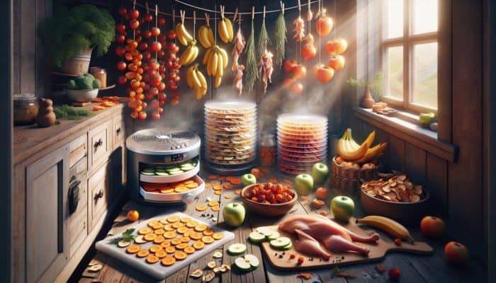 Different foods undergoing dehydration through sun drying, electric dehydrators, and air drying in a charming kitchen.