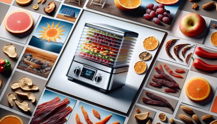 Contemporary electric dehydrator with precise controls, displaying evenly dried fruits, vegetables, and jerky, in contrast to traditional sun-drying methods.