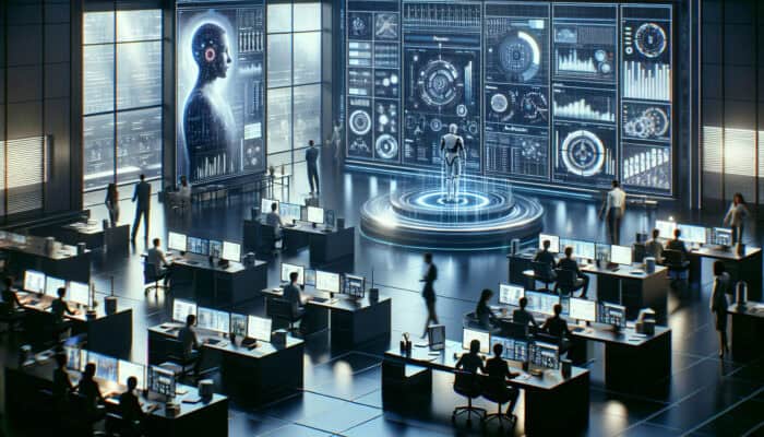 A futuristic office environment where virtual assistants efficiently manage schedules and emails, enhancing productivity and workflow.