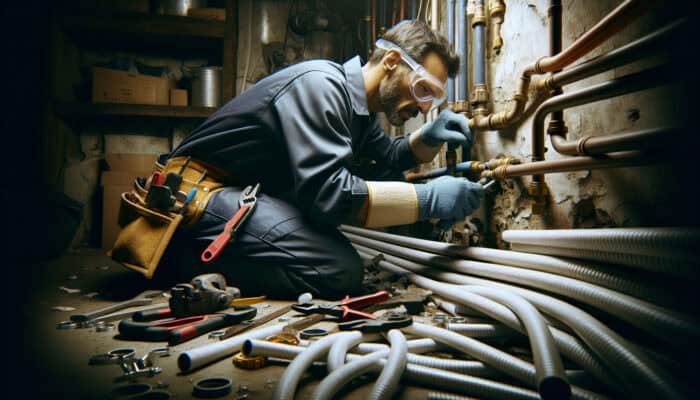 A plumber in protective gear replaces damaged Poly B pipes with new PEX tubing in a dimly lit basement, surrounded by tools.