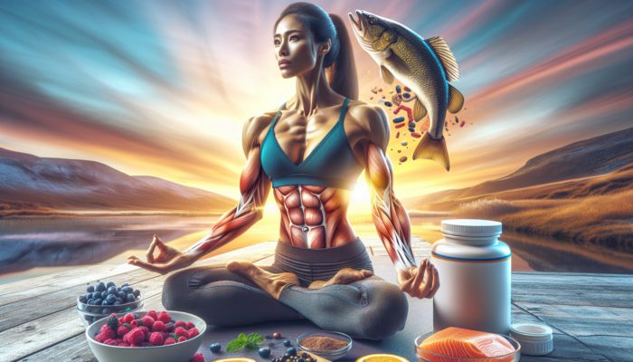 Collagen in Beauty Fitness: A fit athlete with glowing skin performs yoga at sunrise, surrounded by berries, fish, and a collagen supplement bottle.