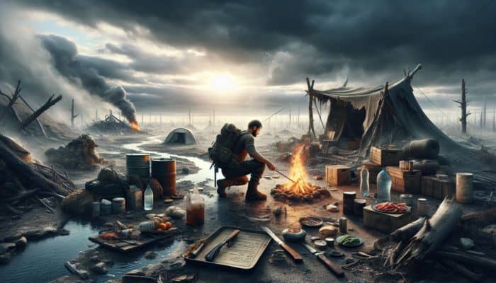 A determined survivor kneels by a campfire in a post-apocalyptic landscape, checking a list of essentials like shelter, water, and food amid chaotic debris and stormy skies.