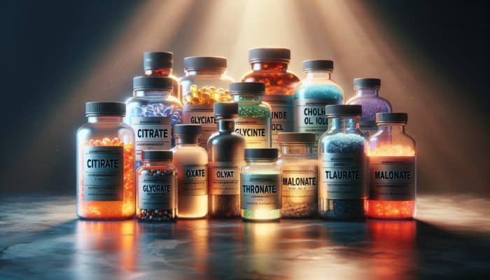 Magnesium Supplements for Cramps: A vibrant still-life of magnesium supplements, including Citrate, Glycinate, Oxide, and others, on a marble table under golden light.