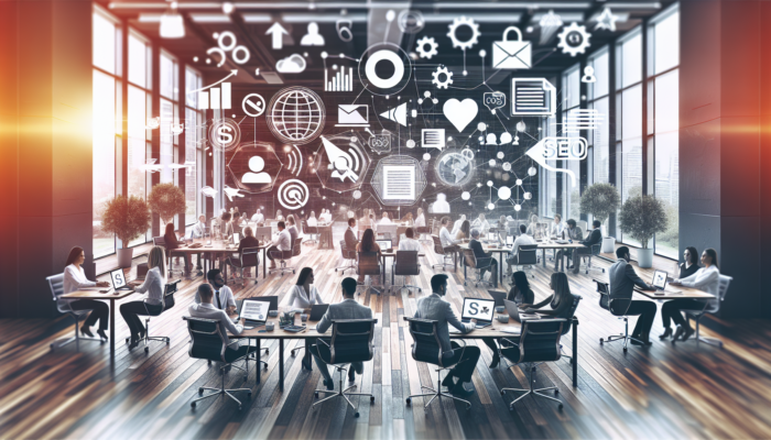 Professionals collaborating in a modern London office on SEO strategies, with screens showing blog posts, social media, events, backlinks, and reviews.