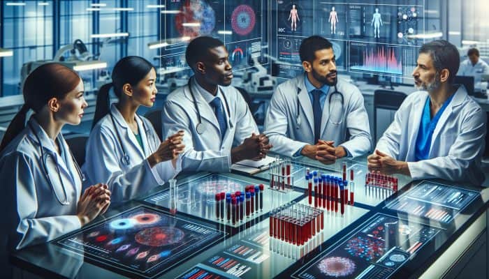 Medical team in a modern Crawley lab discussing FBC test results on digital screens, with test tubes, charts, and microscopes under bright lights.