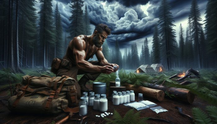 A rugged survivalist kneels in a forested camp beside sealed water bottles and purification tablets, mixing electrolyte powder under dramatic storm clouds.