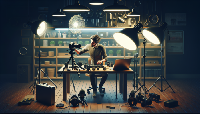 Video Content Production in Ilfracombe for Small Businesses: A bustling workshop with a business owner organising video equipment: camera on tripod, LED lights, microphones, and laptop sourced from local suppliers.