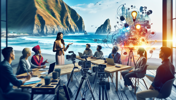 An expert conducts a video production workshop for small businesses in Ilfracombe, surrounded by cameras, lights, laptops, and scenic ocean cliffs.