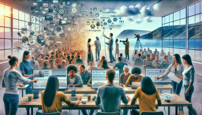 A diverse team in a busy Ilfracombe video studio reviews client feedback on screens, refining footage based on survey insights.