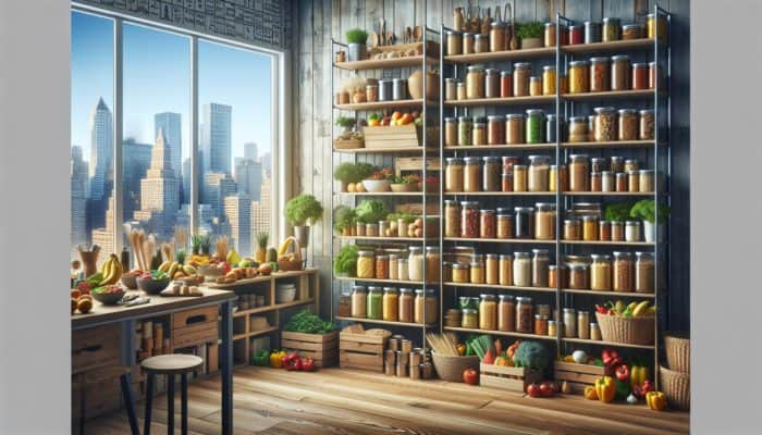 Urban Food Stockpiling: Urban apartment kitchen with organized shelves of canned goods, dried grains, and fresh produce, rotated for freshness against a city skyline.