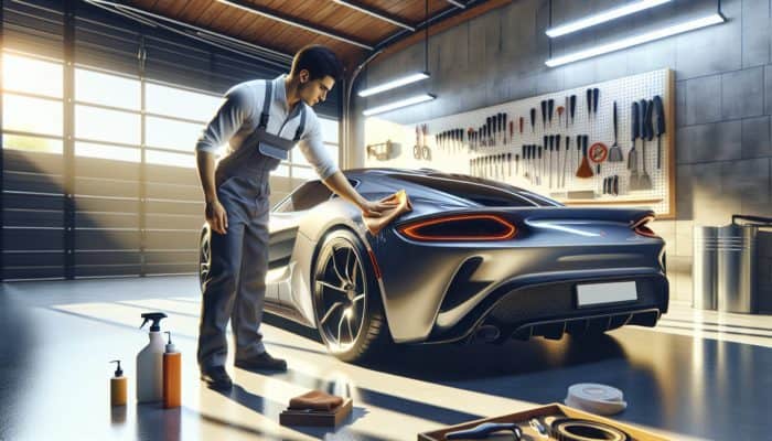 An experienced artisan applying car wax with a microfiber cloth on a sleek sports car in a sunlit garage for a brilliant shine.