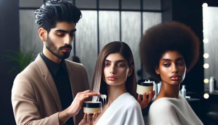 A hairstylist in a contemporary salon illustrates wax application on three models: fine straight hair with minimal product, thick wavy hair for robust texture, and defined curls for natural bounce.