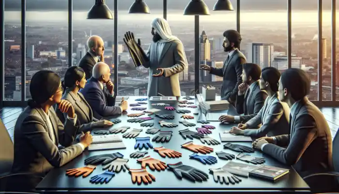 Professionals in a Croydon office discuss PVC work gloves at a table with samples, laptops, and a city view through windows.