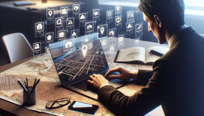 Individual using a laptop to browse UK rental listings, surrounded by maps and notes, showcasing city and suburban properties.