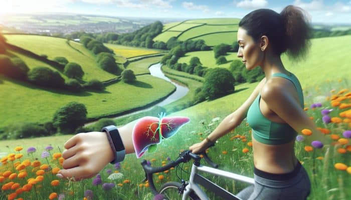 A person cycling through lush UK hills adorned with blooming wildflowers, checking a fitness tracker, symbolising renewed energy and improved liver health.