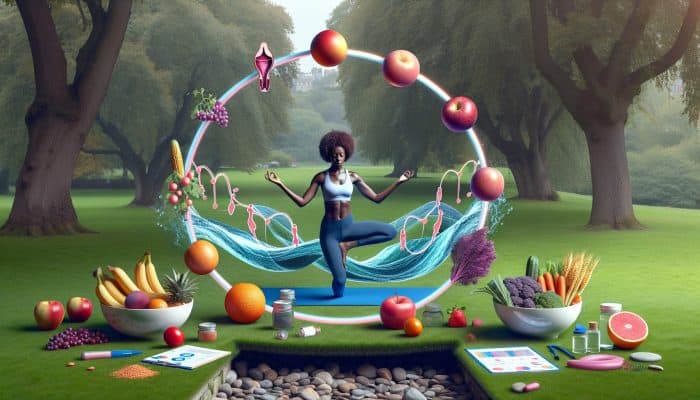 A diverse woman practicing yoga in a serene UK park, surrounded by fresh fruits, vegetables, and wave symbols representing hormonal health.