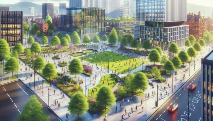 A vibrant urban park in Manchester with greenery, people active and socialising, surrounded by modern architecture.