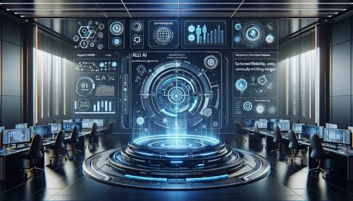 Futuristic Alli AI dashboard with user adjusting settings, holographic notifications, keyword clouds, and SEO graphs in a high-tech office.