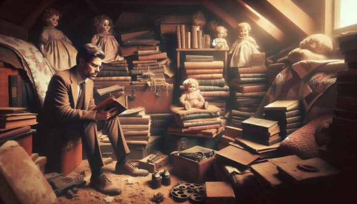 A professional counselor in a cluttered attic, surrounded by vintage boxes and faded photos, reviews emotional house clearance strategies under golden light.