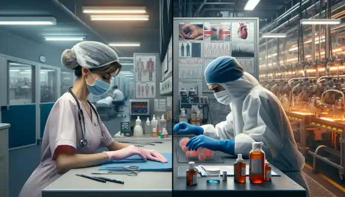 Latex Dexterity and Sensitivity vs Nitrile and Vinyl: UK workplace scene: Healthcare worker in dexterous gloves for patient care; factory employee in durable gloves for chemical protection.
