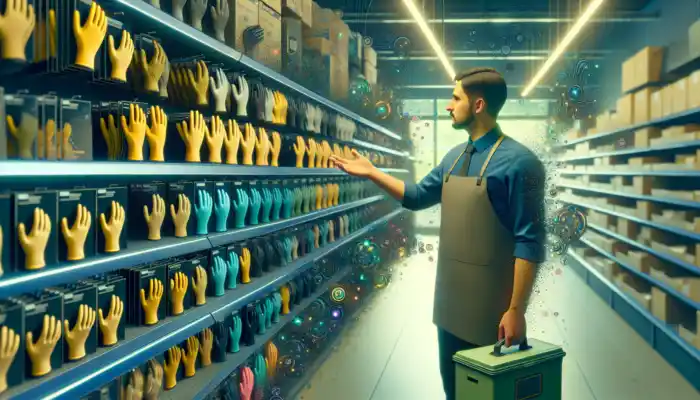 A salesperson in a Peterborough hardware store displays assorted rubber gloves to an attentive customer on stocked shelves.