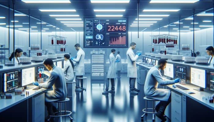 Technicians in white coats analyse liver blood samples in a modern UK laboratory, with timers showing 24-48 hour processing times.