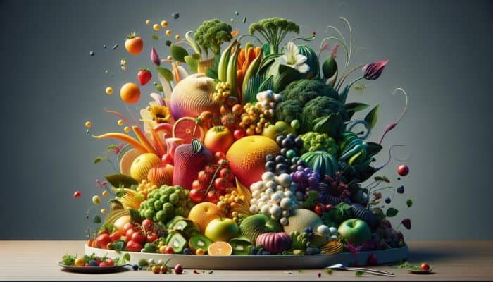 Artfully plated vibrant meal with colorful fruits, vegetables, height, layers, and garnishes on an elegant platter.