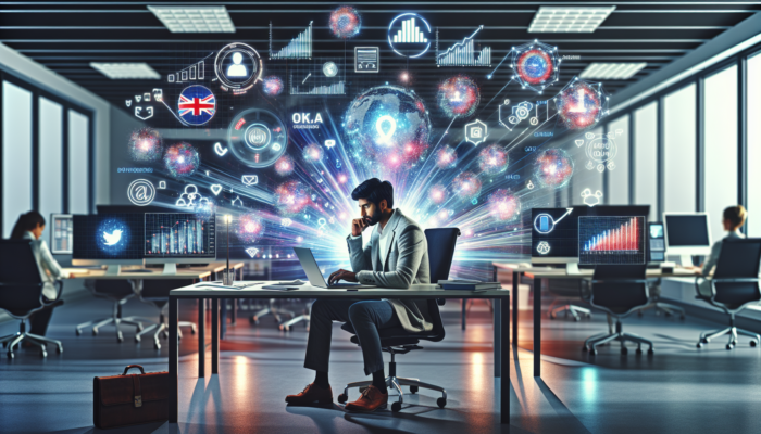 Focused entrepreneur in Tidworth office analysing social media graphs on a laptop, with UK flags and glowing Instagram, Facebook icons.